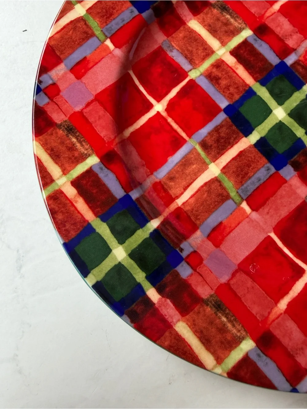 NWT Anthropologie Tartan Stoneware Dessert Plate, Hand-Painted, Red